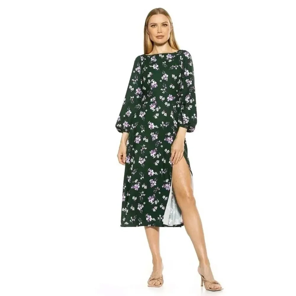 Alexia Admor Bubble Midi Dress Floral High Split Green Size 6 Long Sleeve 3476 - Picture 1 of 13